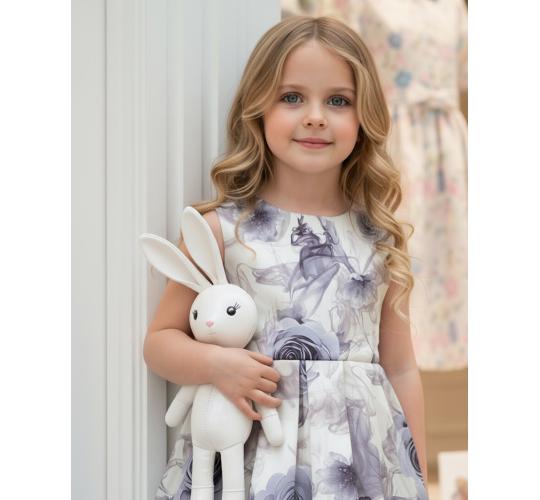 Girls' Smoke Grey Floral Dress: Elegant Bow Party, Ages 3-12