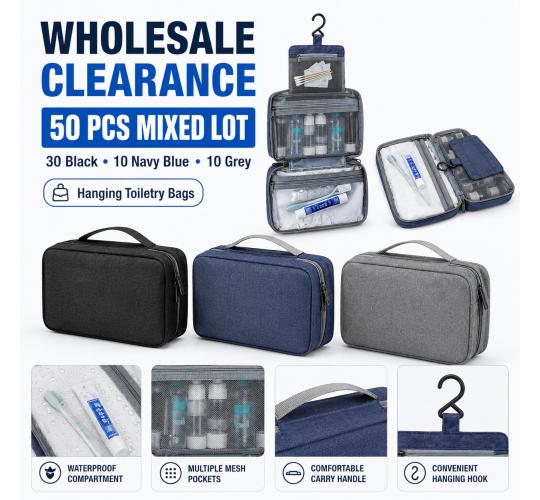 50x Hanging Toiletry Bags Wholesale Clearance Job Lot – 30 Black 10 Navy 10 Grey