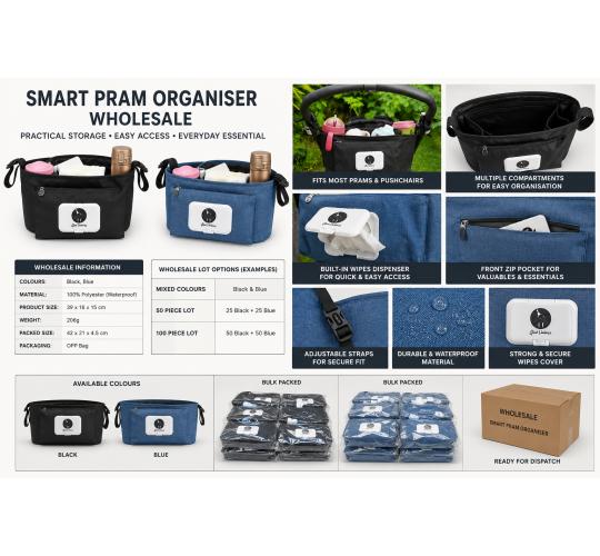 50x Smart Pram Organisers Wholesale Clearance Job Lot – 25 Black 25 Blue