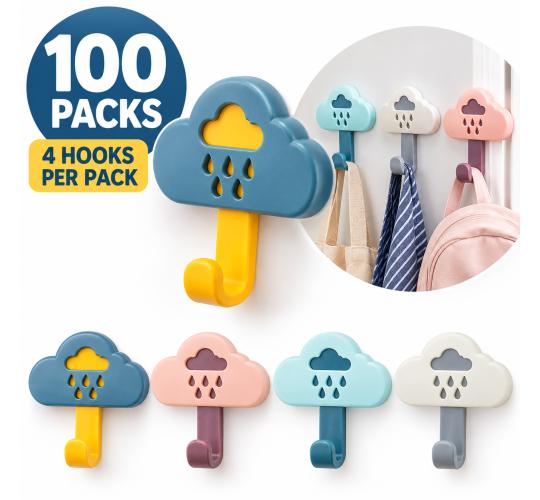 100 x Kids Cloud Wall Hooks 4 Pack Self Adhesive Nursery Bedroom Assorted Colours