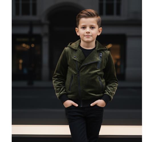 Boys Green Velvet Biker Jacket Casual Spring Autumn Kids Moto Coat 3-7 Years