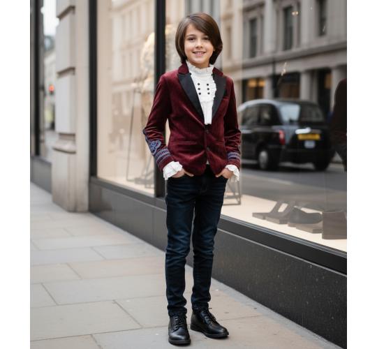 Boys Formal Party Wedding Jacket Dark Red Velvet Blazer Vintage Lace 6-14Y