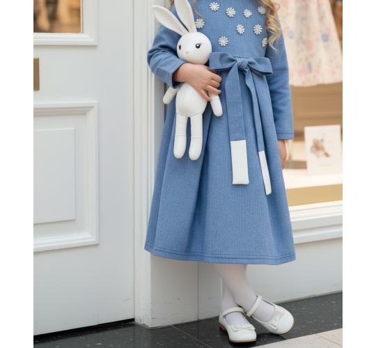 New Girls Vintage Cotton Long Party Dress Blue Princess Style Dress 3-10Y New