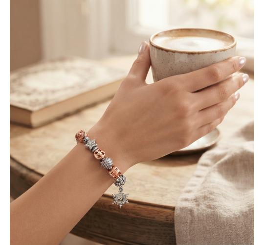 10Sets Charm Bracelet with Silver & Rose Gold Beads, Crystal Snowflake Pendant, and Adjustable Snake Chain for Women and Teens|