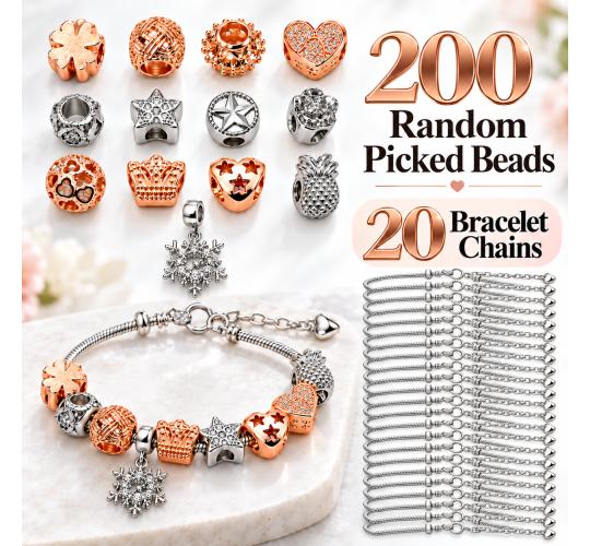 220pc -Random Picked 200 Charm Beads Silver Rosegold Plus 20 Bracelets Chain| GCJ749-Random 200 Beads+20 bracelet