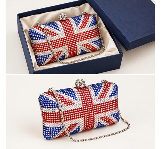 Joblot 4 Union Jack Diamante Crystal Clutch Bags, Silver Chain, Evening Bags