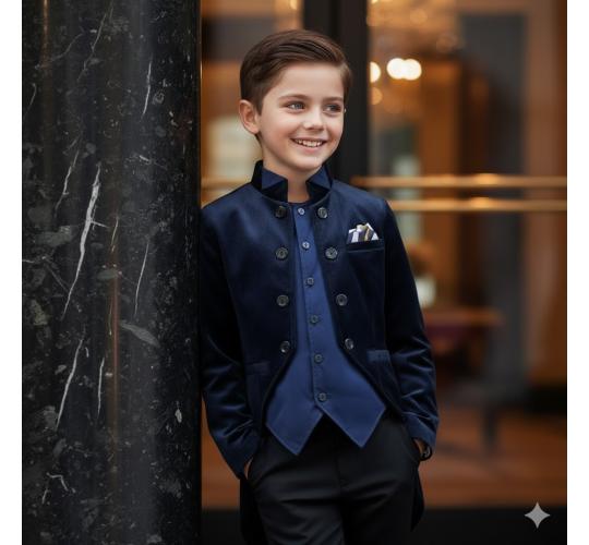 Boys Slim Fit Wedding Party Formal Coat Navy Velvet Blazer Tuxedo Jacket  3-7Y