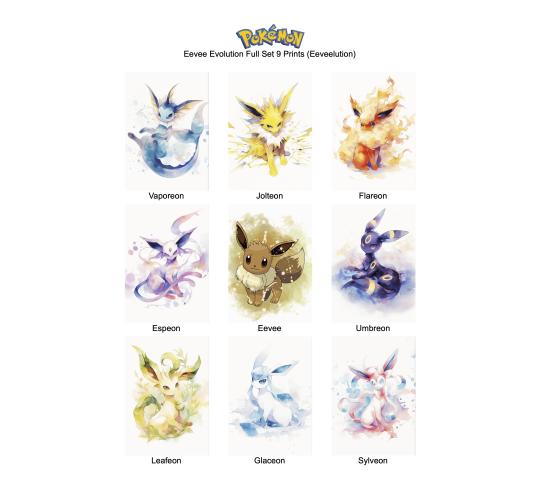 A4 Eeveelution Art Print Set (9 Prints) - Pokemon - 10 Pack Individually Packaged & Ready for Retail