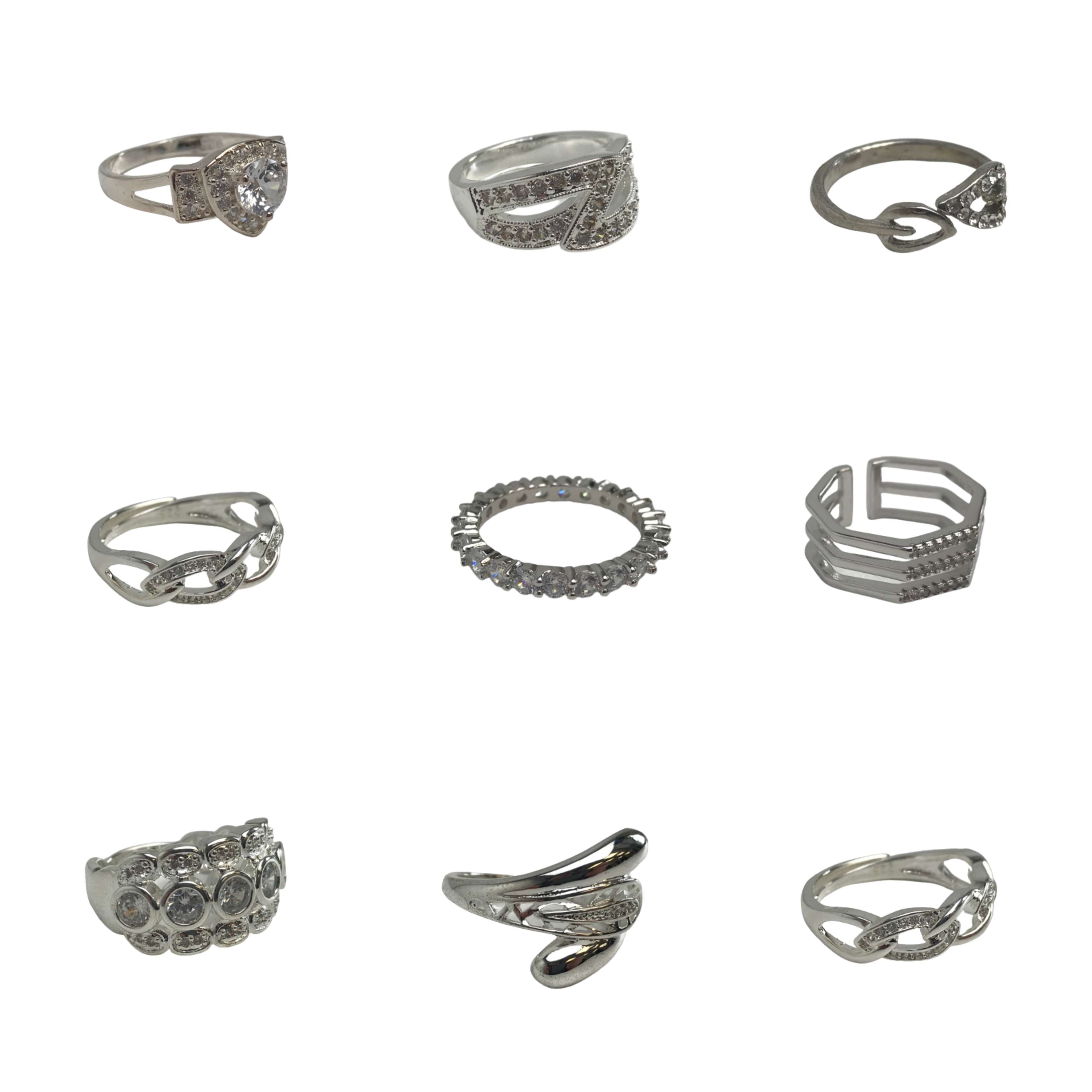 One Off Joblot of 59 Mixed Rhinestone Silver Fashion Rings