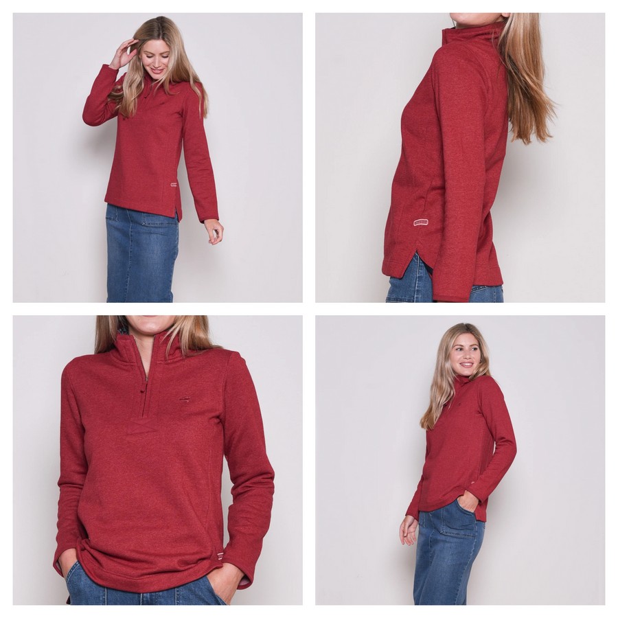 Brakeburn women's burgundy quarter zip sweatshirt front and detail views