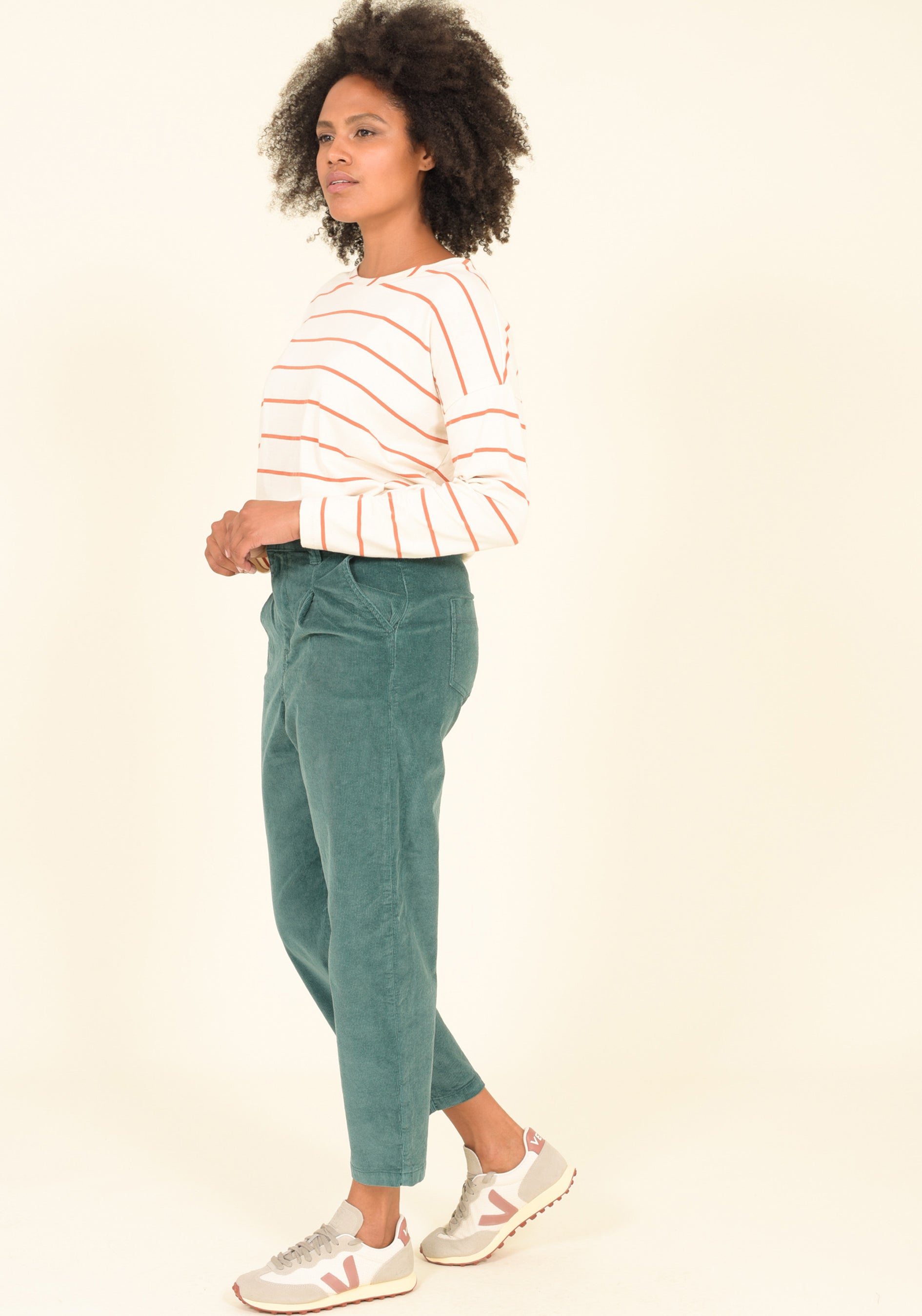 Brakeburn women's teal pleated cord trousers
