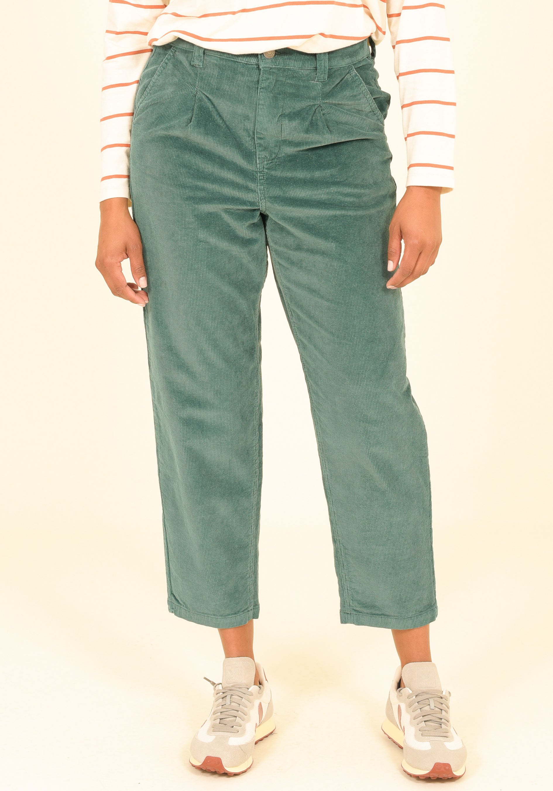 Brakeburn teal pleated cord trousers styling and detail