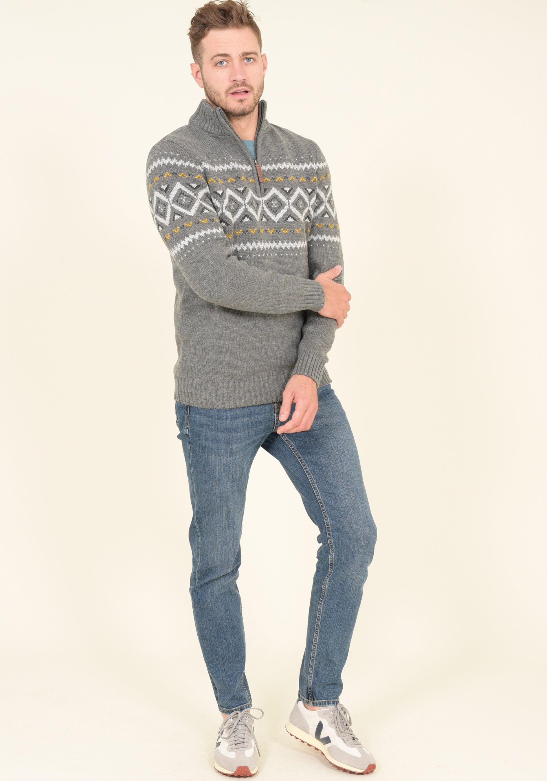 Brakeburn grey Fairisle quarter-zip jumper, additional view