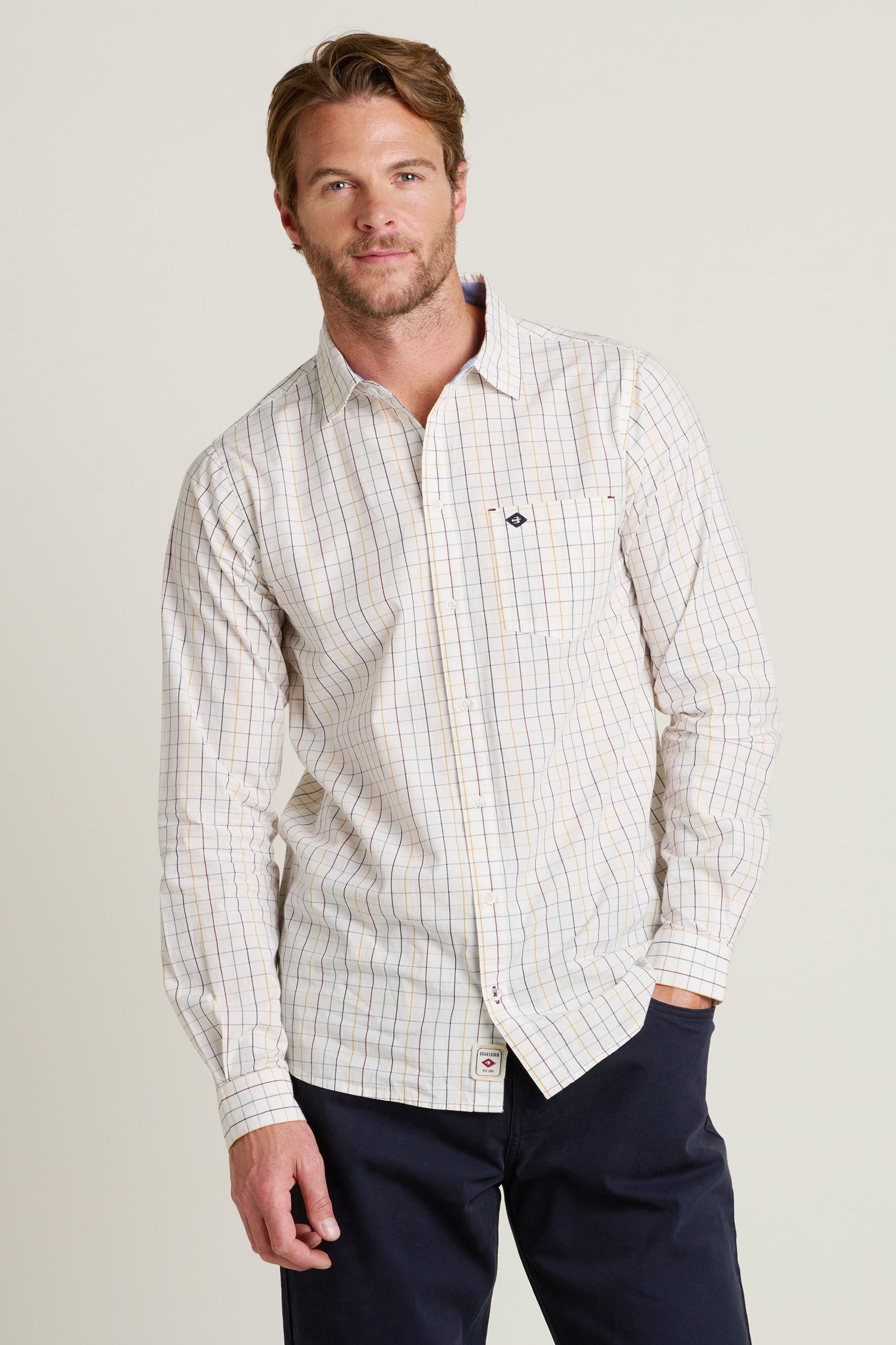 Brakeburn cream checked shirt on model