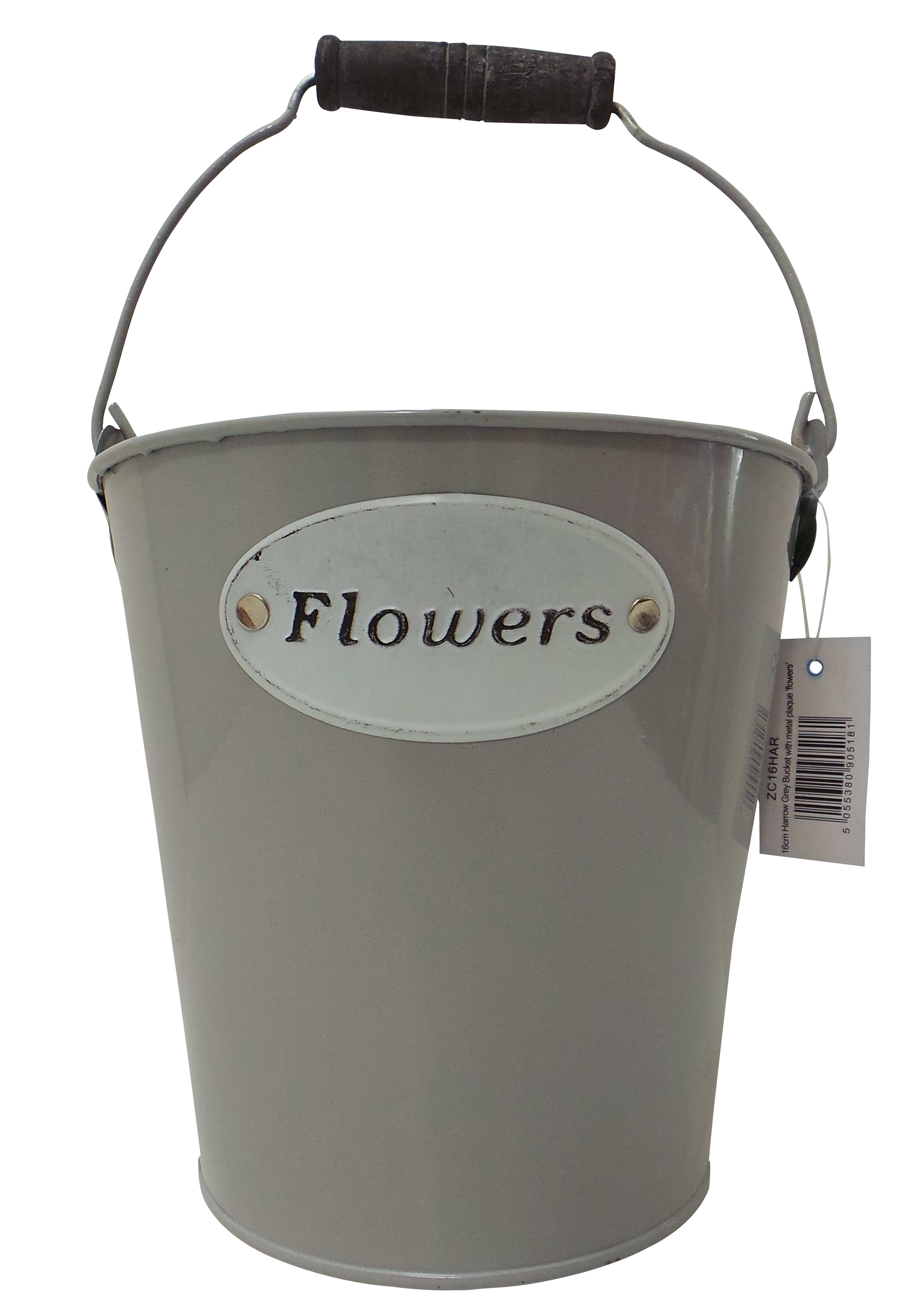 Joblot of 64 Tbl Harrow Grey Buckets With Metal Plaque 'Flowers' 16cm